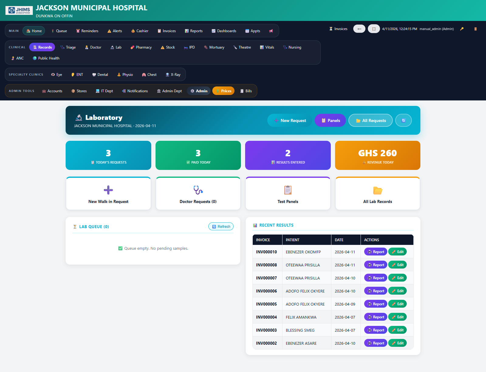 JHIMS laboratory dashboard